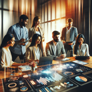 A dynamic, cinematic scene of a diverse team collaborating around a sleek digital workspace filled with vibrant social media icons and analytics, bathed in warm, natural light conveying creativity, strategy, and innovation.