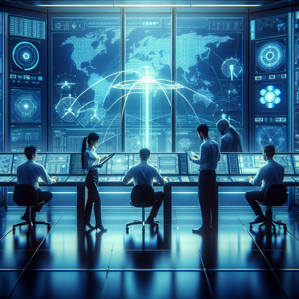 A sleek, futuristic telecommunications control room bathed in cool blue light, featuring diverse engineers collaborating with advanced AI-powered holographic network maps and data streams, symbolizing cutting-edge AI innovation transforming the telecom industry.