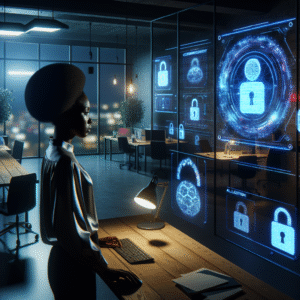 A dimly lit modern small business office showing a tense business owner cautiously looking at a glowing digital AI interface with holographic cybersecurity warnings subtly reflected on nearby screens, conveying a mood of vigilance and digital risk.