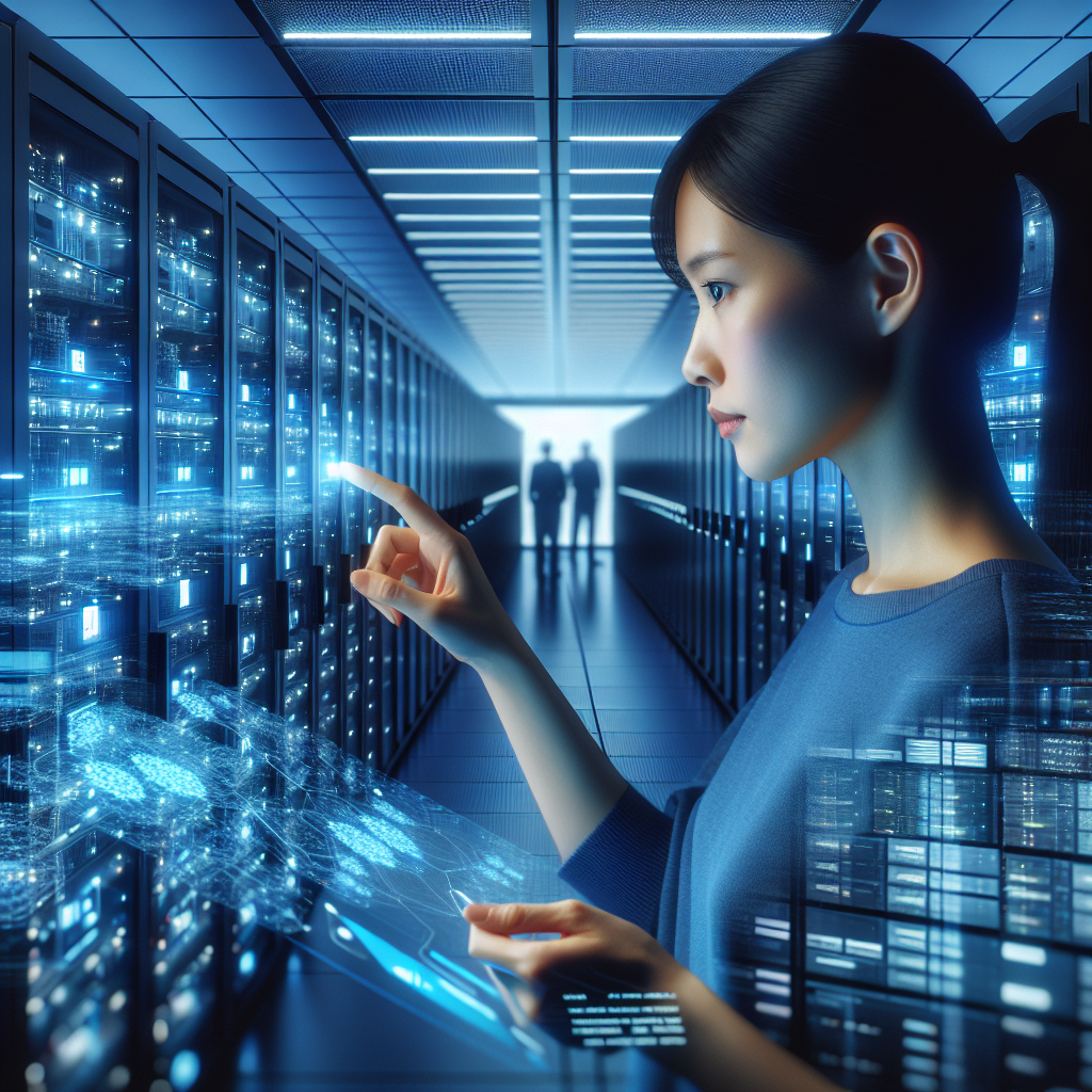 A cinematic editorial shot of a modern German data center interior featuring rows of high-performance computing servers bathed in cool blue lighting, with a focused engineer monitoring complex AI data on transparent digital screens, conveying cutting-edge AI innovation and technological advancement.