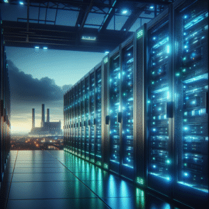 A dramatic, cinematic shot of a sleek, futuristic supercomputer server room bathed in cool blue and green lighting, with visible high-tech racks and glowing LED indicators, subtly framed by a background hinting at Germany’s iconic industrial skyline at dusk, conveying cutting-edge HPC technology powering AI innovation.
