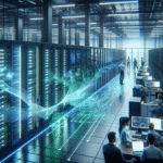 A sleek, futuristic high-performance computing data center with rows of illuminated server racks bathed in cool blue and green lighting, set inside a modern German facility with subtle hints of advanced AI technology represented by holographic data streams and a diverse group of focused engineers collaborating seamlessly in the background, captured in a cinematic, professional editorial style.