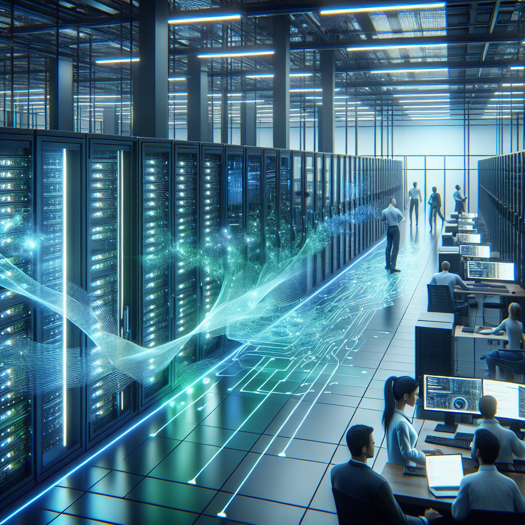 A sleek, futuristic high-performance computing data center with rows of illuminated server racks bathed in cool blue and green lighting, set inside a modern German facility with subtle hints of advanced AI technology represented by holographic data streams and a diverse group of focused engineers collaborating seamlessly in the background, captured in a cinematic, professional editorial style.
