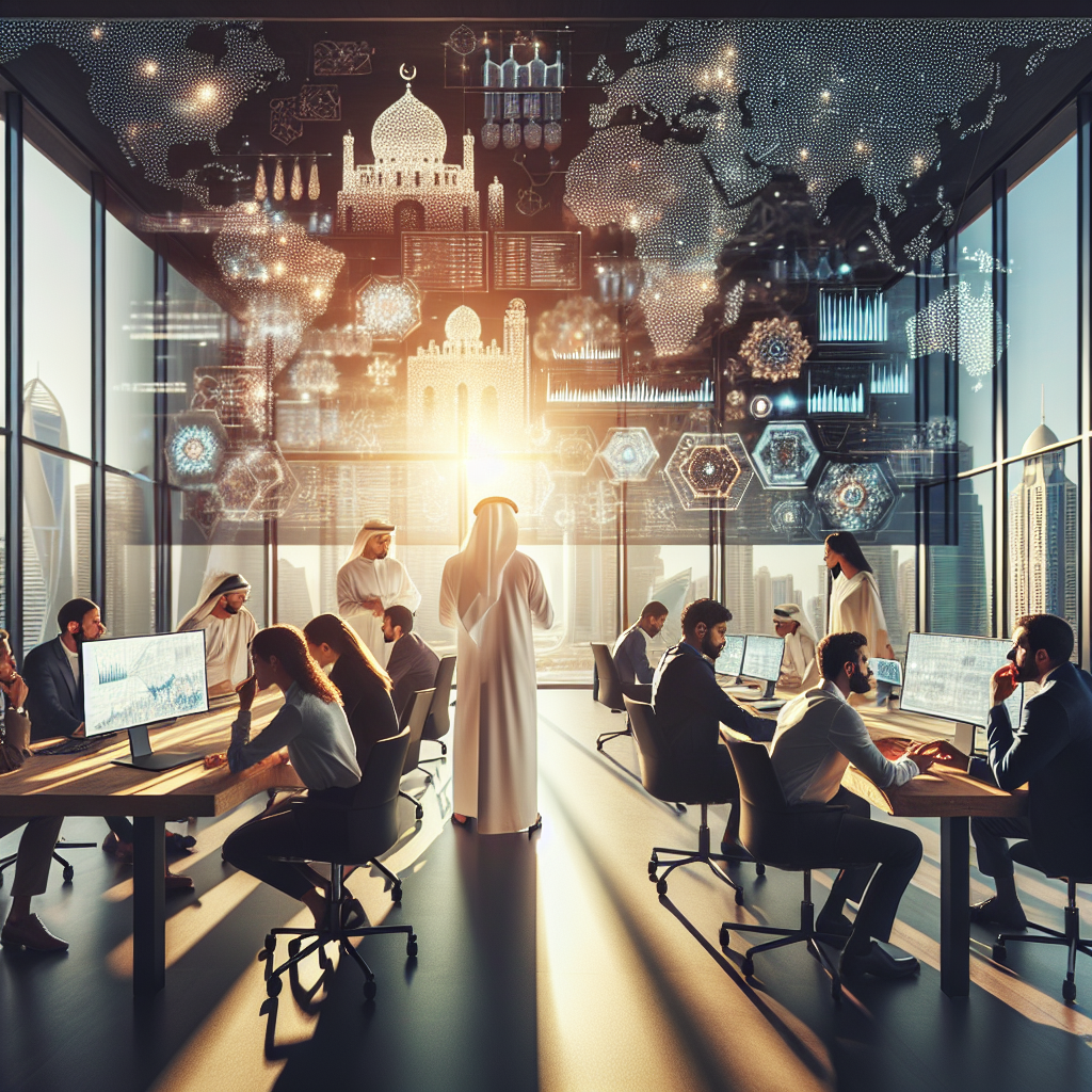 A cinematic editorial-style image of a diverse group of professional Middle Eastern fintech entrepreneurs and content creators collaboratively strategizing in a modern, sunlit office with digital screens displaying abstract financial data and cultural motifs inspired by Gulf architecture in the background, symbolizing localized content innovation and regional expansion.