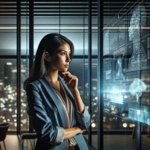 A confident female tech executive thoughtfully reviewing futuristic digital data projections in a sleek modern office with soft cinematic lighting and a subtle cityscape visible through large windows, evoking innovation, leadership, and the evolving landscape of artificial intelligence.