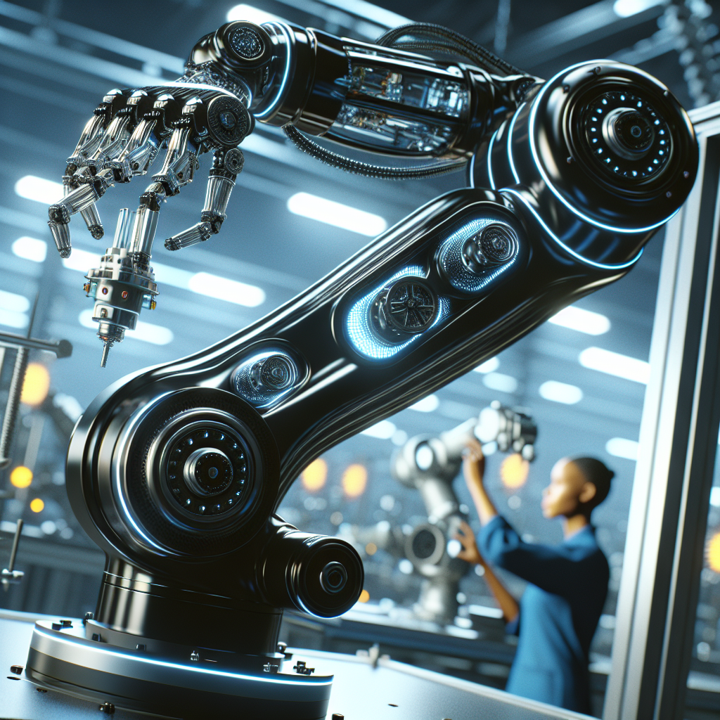 A cinematic, editorial-style image of a sleek, modern robotic arm with articulated joints and sensors working closely alongside a focused factory worker in a bright, high-tech industrial setting, showcasing seamless human-robot collaboration and advanced automation technology.