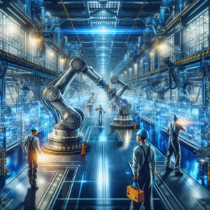 A cinematic, editorial-style image of a modern industrial factory floor showcasing advanced robotic arms and AI-powered machines seamlessly working alongside human engineers wearing safety gear, illuminated by cool blue and metallic tones under dynamic overhead lighting, conveying the future of industrial automation and cutting-edge technology integration.