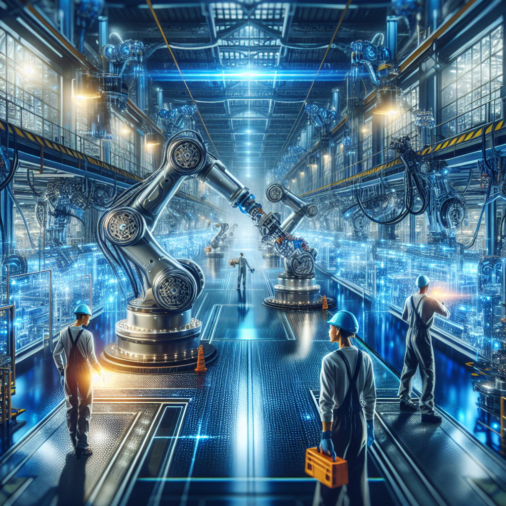 A cinematic, editorial-style image of a modern industrial factory floor showcasing advanced robotic arms and AI-powered machines seamlessly working alongside human engineers wearing safety gear, illuminated by cool blue and metallic tones under dynamic overhead lighting, conveying the future of industrial automation and cutting-edge technology integration.
