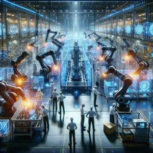 A cinematic editorial image of a high-tech industrial factory floor featuring advanced robotic arms assembling aerospace components, surrounded by connected smart sensors and glowing AI data overlays, with engineers in modern safety gear monitoring digital interfaces in a sleek, futuristic environment under dynamic lighting.