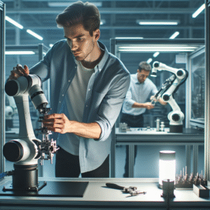 A sleek modern factory setting with a human operator collaborating closely with a futuristic, articulated robotic arm, both focused on assembling a high-tech component under soft cinematic lighting that highlights advanced machinery and a clean, organized workspace.