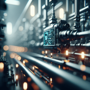 Cinematic close-up of a high-tech inline viscosity sensor integrated within an industrial pipeline, surrounded by soft ambient lighting highlighting intricate sensor details and modern factory automation equipment in the blurred background, conveying advanced technology and real-time process monitoring.