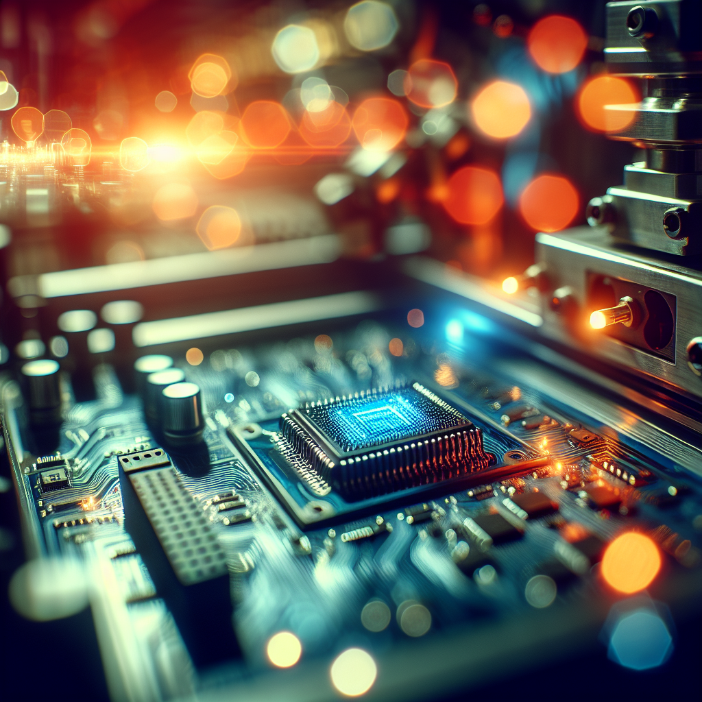 A cinematic close-up of a rugged industrial control panel illuminated by cool blue and orange lighting, featuring a high-tech chip socket and circuit board components surrounded by blurred robotic arms and smart factory machinery in the background, conveying advanced edge AI processing powering next-generation automation.