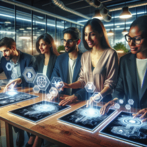 A cinematic, editorial-style image of a diverse group of confident startup founders and tech professionals collaborating around futuristic transparent digital interfaces displaying blockchain nodes and token graphics, set in a sleek modern office with dynamic lighting that evokes innovation and the cutting-edge synergy of secure digital asset management and growth marketing in the Web3 era.
