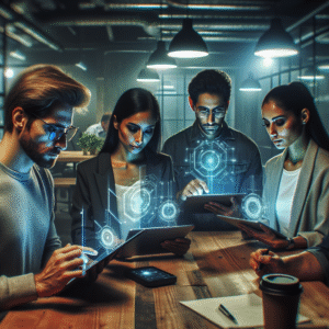 A cinematic editorial image of diverse startup founders collaborating over futuristic digital tablets and holographic blockchain interfaces in a modern co-working space, with dynamic lighting emphasizing innovation, secure technology, and community-driven growth in the Web3 ecosystem.