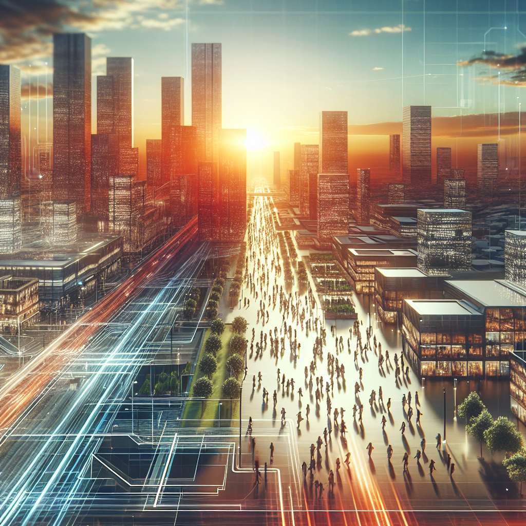 A dynamic aerial view of Casablanca’s modern business district at sunset, showing sleek skyscrapers and bustling streets with entrepreneurs and investors walking purposefully, symbolizing Morocco’s vibrant new startup ecosystem energized by a significant $269 million investment fund.
