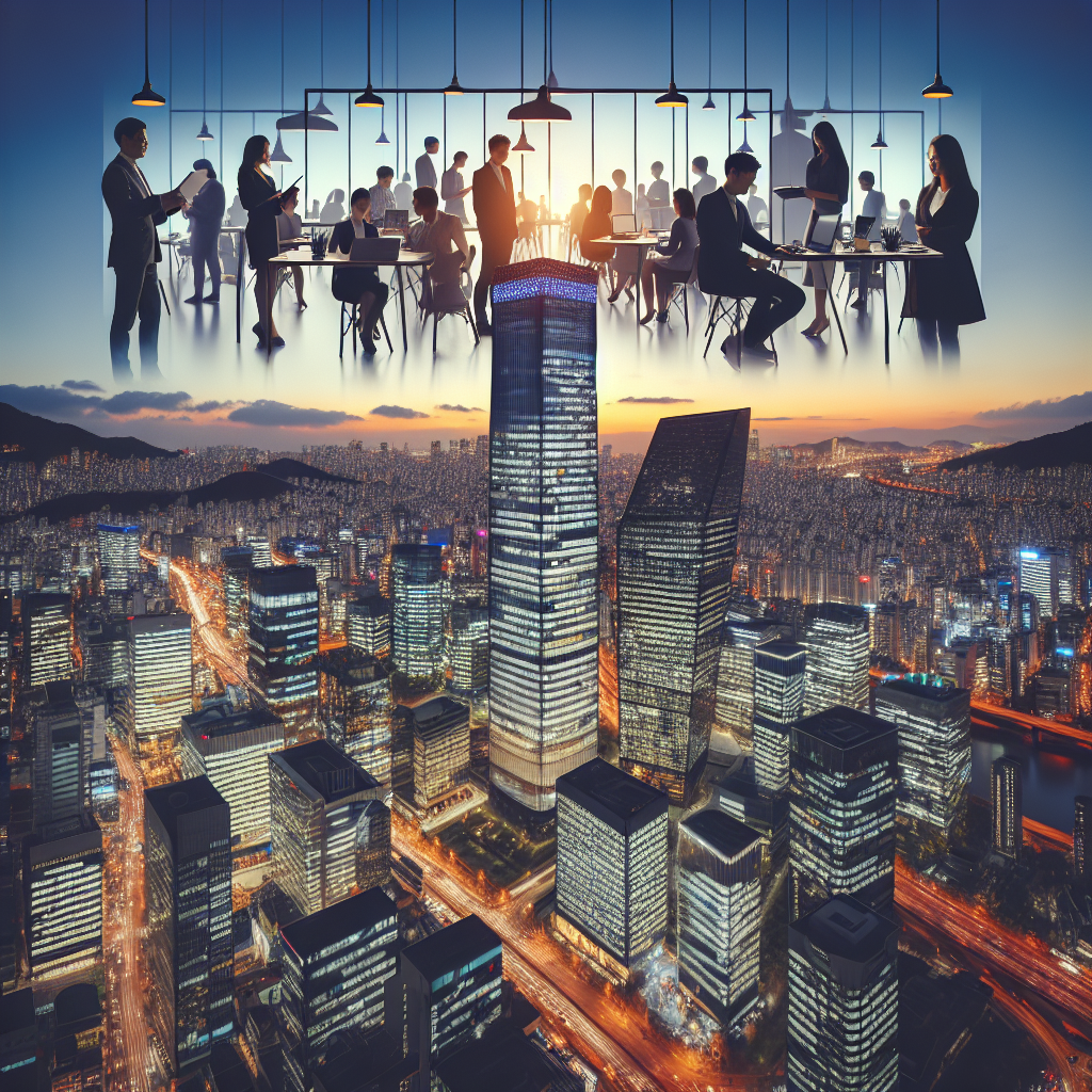 A dynamic, cinematic editorial photo of a modern, bustling Seoul cityscape at dusk showcasing high-tech skyscrapers, with diverse entrepreneurs collaborating and strategizing in a sleek shared office space overlooking the city, symbolizing Korea’s vibrant startup ecosystem entering a new era of rapid scale-up and global innovation.