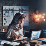 A professional woman thoughtfully planning content strategy at a modern workspace, surrounded by notebooks, a laptop displaying charts, and a large wall calendar, bathed in natural cinematic light.