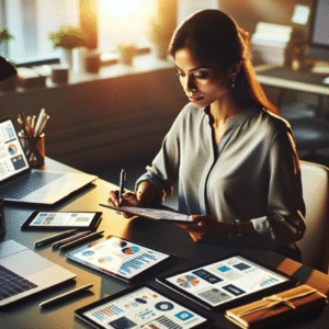 A focused professional sitting at a modern desk surrounded by multiple digital devices and notebooks, thoughtfully planning and organizing content ideas with charts and calendars visible on screens, bathed in warm, natural light conveying strategic creativity and productivity.