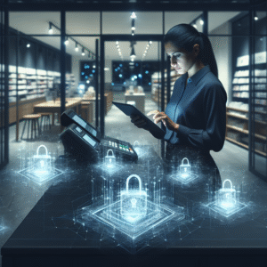 A dimly lit modern retail store interior with a focused employee cautiously using a tablet while subtle digital security holograms and abstract data streams glow around the point-of-sale terminal, conveying vigilant cybersecurity protection in a high-tech retail environment.