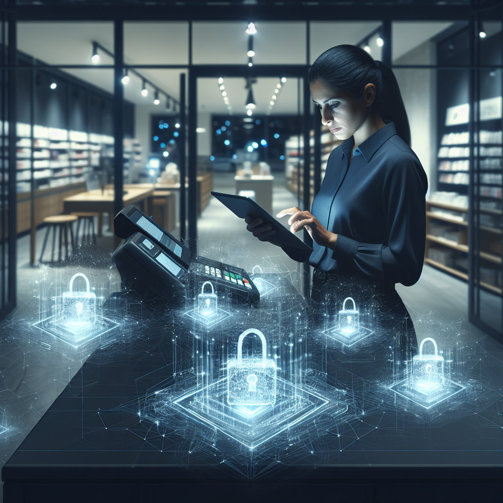A dimly lit modern retail store interior with a focused employee cautiously using a tablet while subtle digital security holograms and abstract data streams glow around the point-of-sale terminal, conveying vigilant cybersecurity protection in a high-tech retail environment.