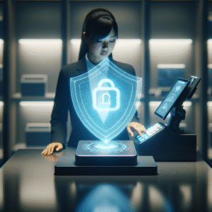 A cinematic, editorial-style image of a modern retail store’s checkout area with a sleek point-of-sale terminal illuminated by soft lighting, a digital security shield icon subtly reflected on a glass surface nearby, and a focused employee interacting with a futuristic touchscreen interface, conveying vigilant cybersecurity protection in a high-tech retail environment.