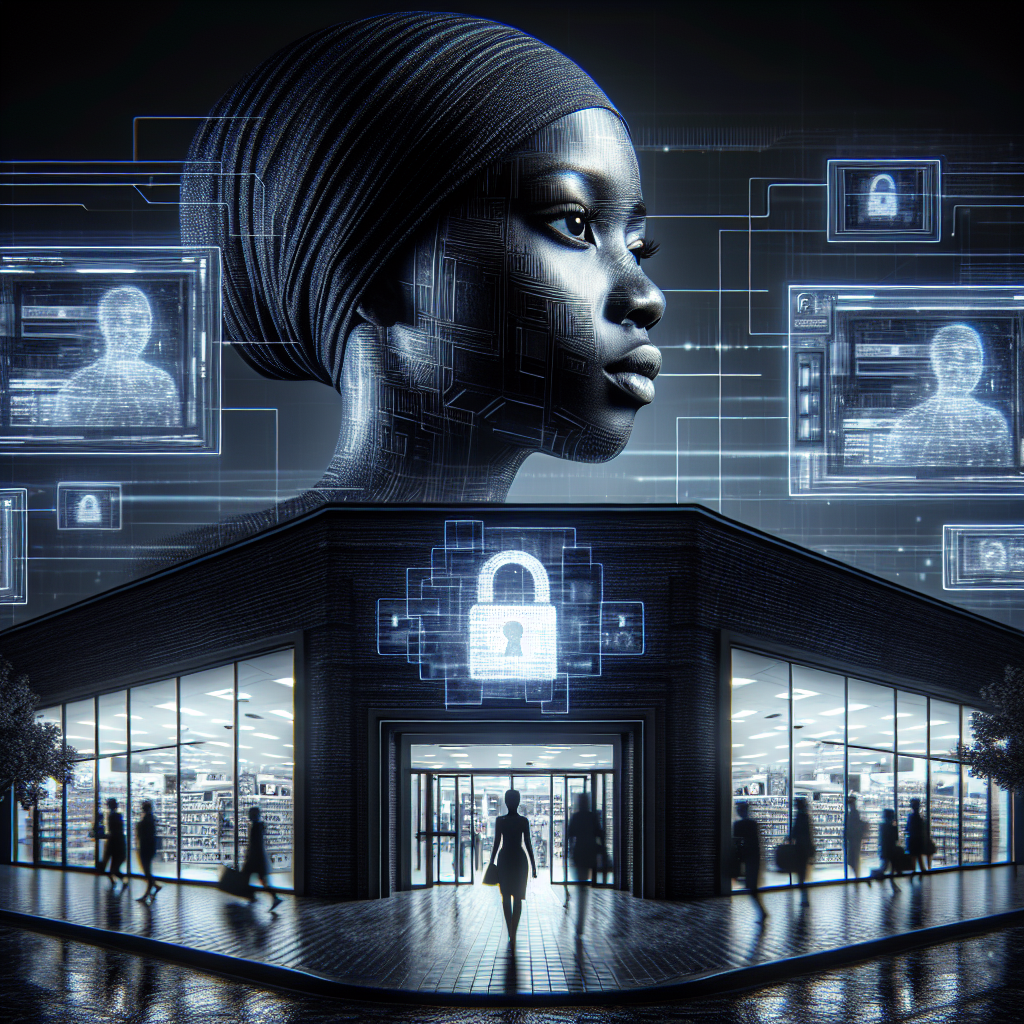 A dramatic, cinematic scene of a modern retail store at dusk with a focus on a focused IT professional monitoring multiple transparent digital security interfaces overlaid on the storefront, symbolizing vigilant cybersecurity protecting customer data and transactions in a high-tech retail environment.