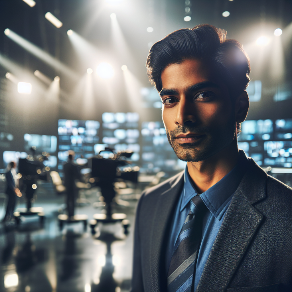 Portrait of a thoughtful, confident South Asian man in a modern office with media and digital technology elements subtly blurred in the background, cinematic lighting emphasizing a moment of transition and leadership change.