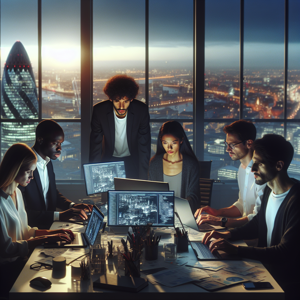 A cinematic view of a diverse group of tech startup founders and engineers collaborating intensely around laptops and digital devices in a modern London office with the city skyline visible through large windows, capturing the tension and determination amid changing immigration policies.