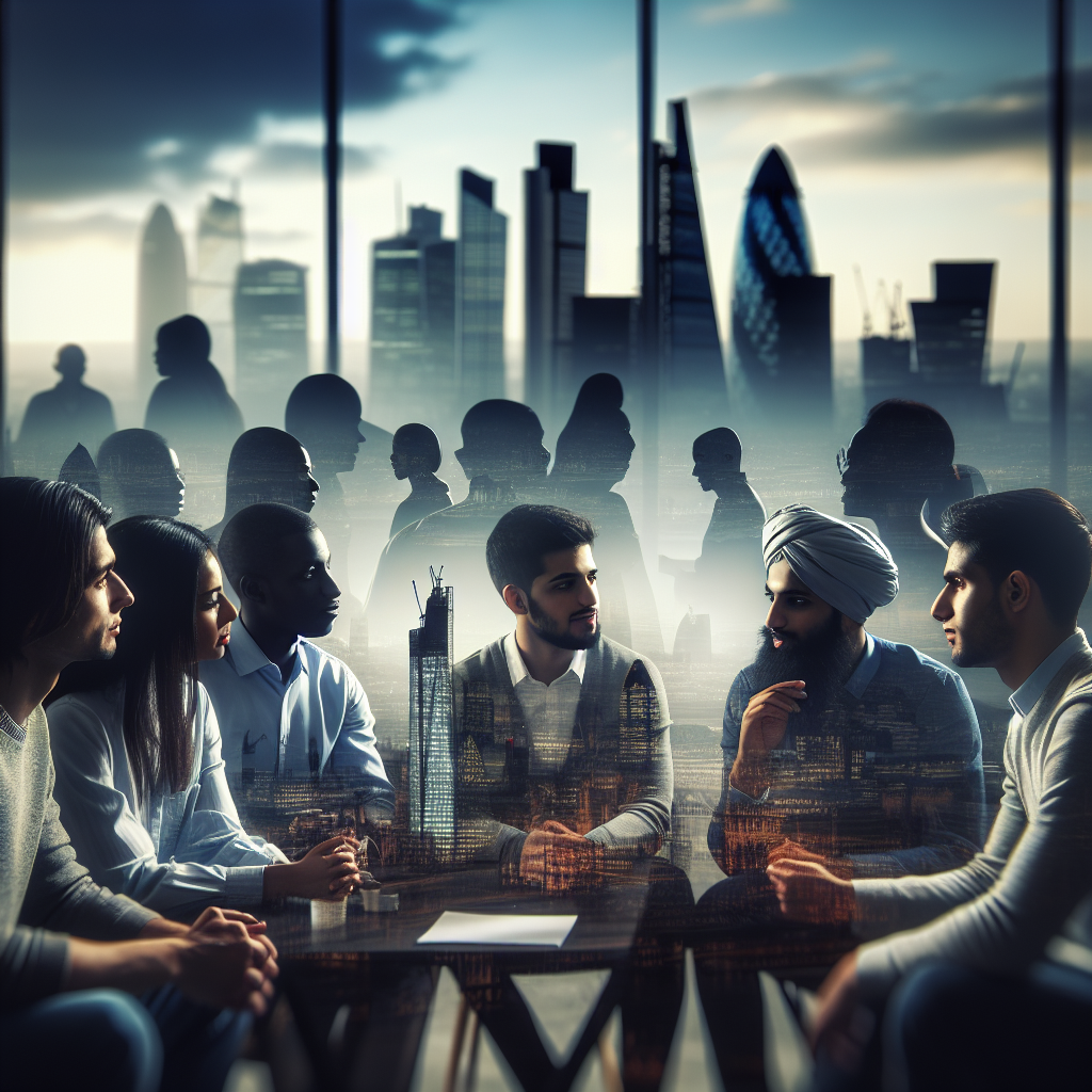 A cinematic shot of a diverse group of focused startup founders and tech professionals collaborating around a modern workspace in London, with the iconic City skyline subtly blurred in the background, symbolizing innovation and the tension of navigating immigration challenges.