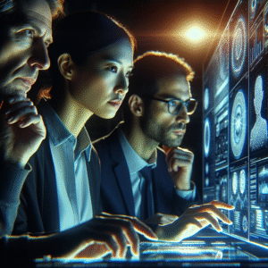 A cinematic close-up of a diverse team of professionals intently analyzing complex holographic AI data and risk metrics in a dark, high-tech control room, with moody lighting emphasizing the gravity and responsibility of navigating AI’s ethical, privacy, and security challenges.