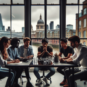 A diverse group of focused entrepreneurs collaborating intensely around a modern conference table in a sleek London startup office, with large windows showing a subtle cityscape background under moody natural light, capturing the tension and determination of navigating complex immigration reforms impacting their innovative tech venture.