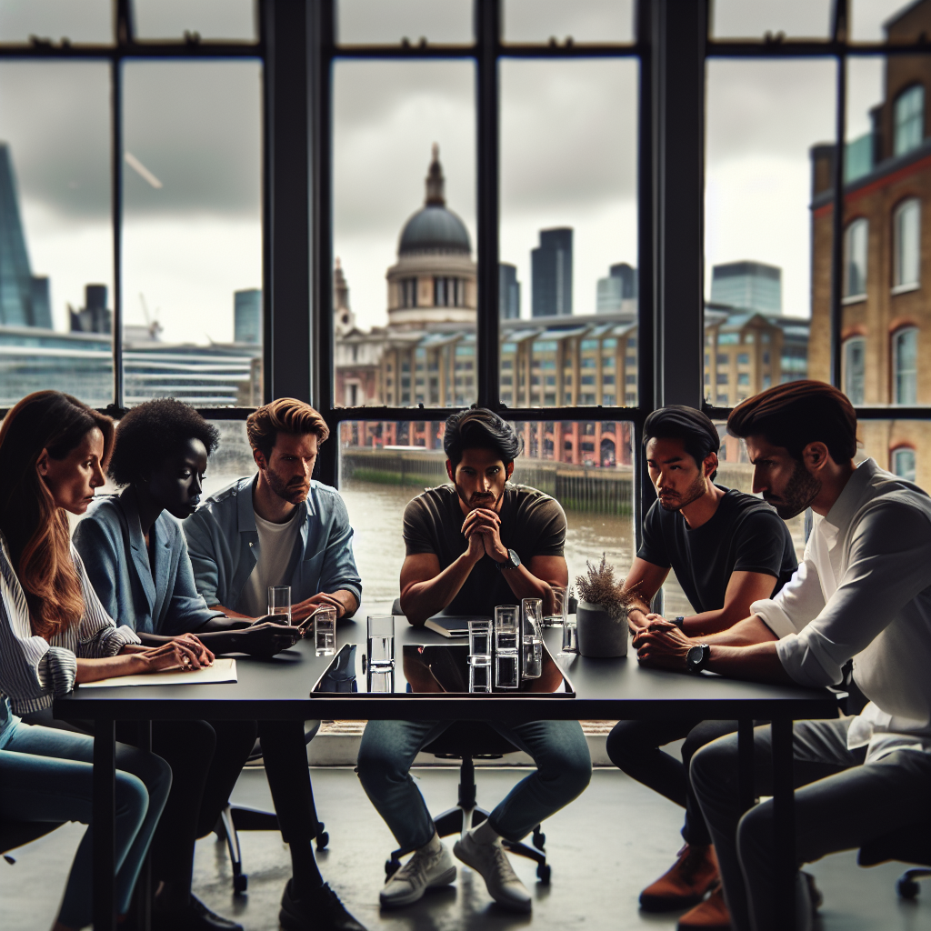 A diverse group of focused entrepreneurs collaborating intensely around a modern conference table in a sleek London startup office, with large windows showing a subtle cityscape background under moody natural light, capturing the tension and determination of navigating complex immigration reforms impacting their innovative tech venture.