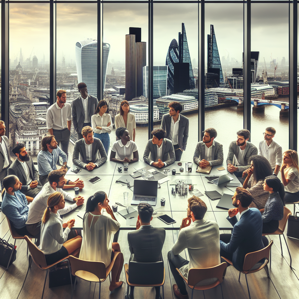 A diverse group of startup founders and tech professionals engaged in a dynamic meeting inside a modern London office with iconic cityscape visible through large windows, conveying innovation and tension amid changing immigration policies.