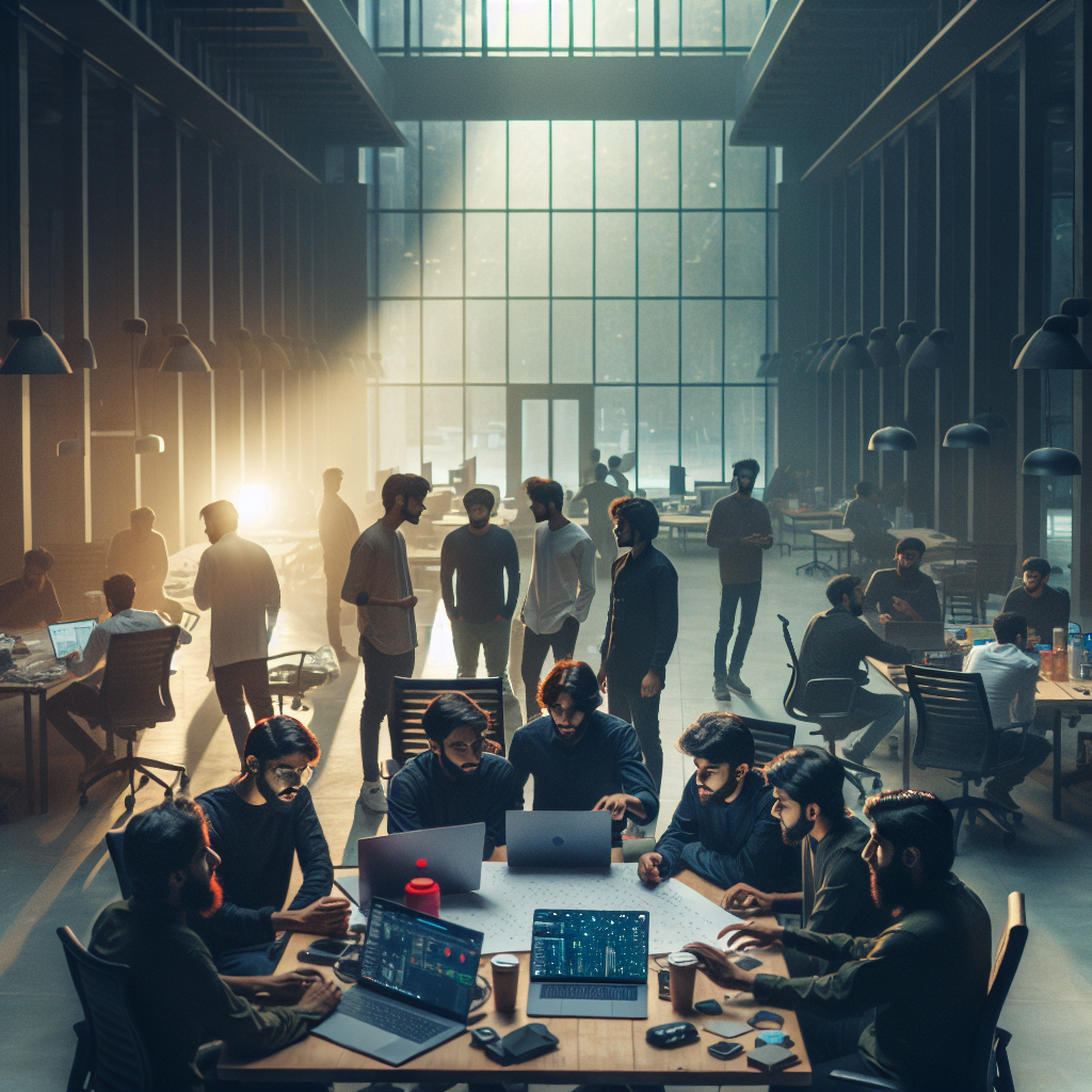 Cinematic editorial photo of a diverse group of young Pakistani entrepreneurs collaborating around a sleek, modern co-working space inside a high-tech startup incubation center, with natural light streaming through large windows highlighting vibrant brainstorming sessions, digital devices, and startup prototypes, conveying innovation, mentorship, and dynamic growth in Pakistan’s emerging tech ecosystem.