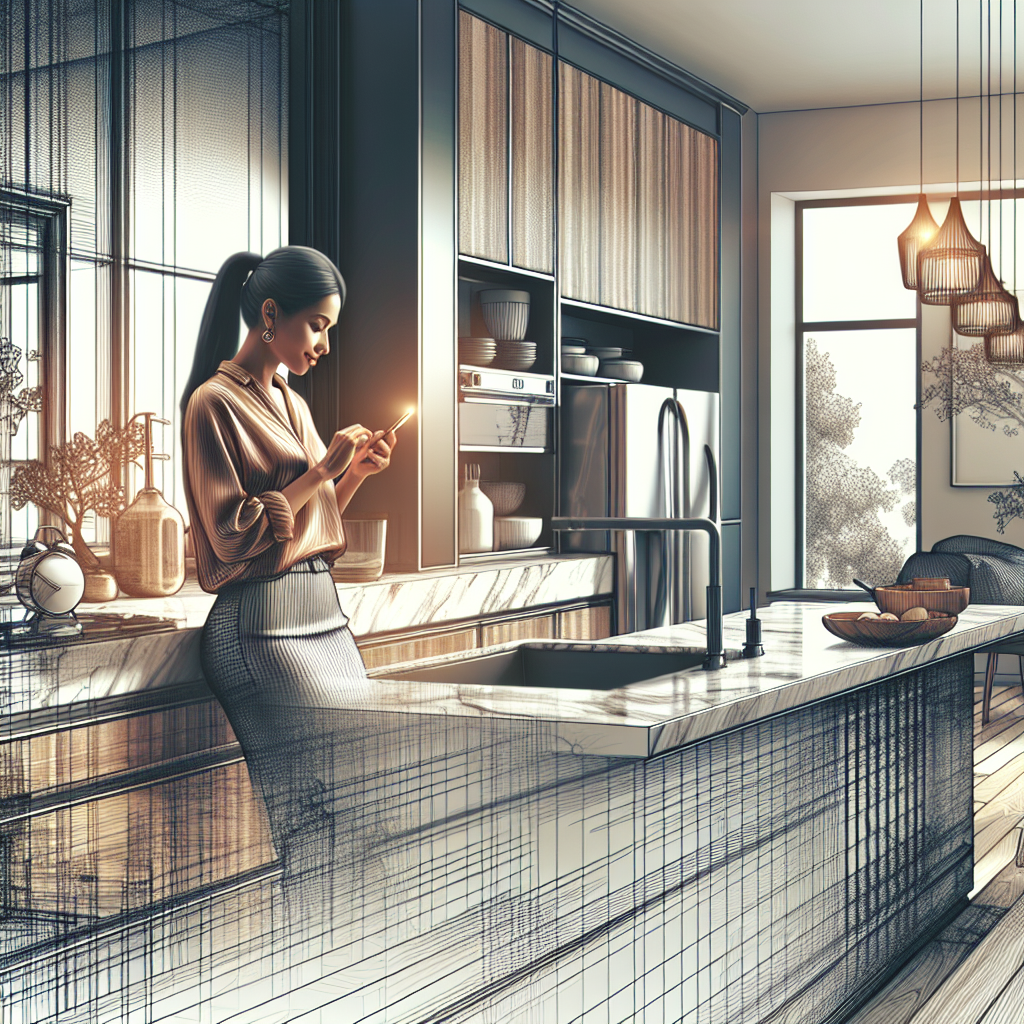A cinematic editorial image of a modern, stylish kitchen and bathroom space bathed in natural light, featuring a sleek marble countertop and elegant fixtures, with a person using a smartphone nearby to capture or browse inspiring social media content, conveying the fusion of home improvement and evolving digital marketing trends.