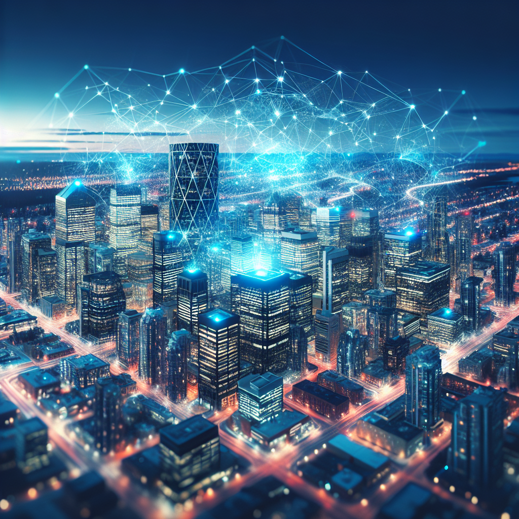 A cinematic aerial view of Calgary’s modern downtown skyline at dusk, with glowing digital network lines and subtle futuristic AI-themed holographic data overlays connecting buildings, symbolizing the city’s emerging role as a hub for artificial intelligence innovation driven by a major tech acquisition.