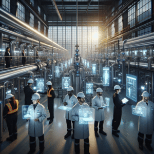 A cinematic editorial image of a high-tech industrial factory interior featuring sleek automated pipelines with embedded smart sensors glowing subtly, engineers in safety gear monitoring digital data on transparent holographic screens, soft moody lighting emphasizing advanced inline viscosity measurement technology within a bustling, modern manufacturing environment.