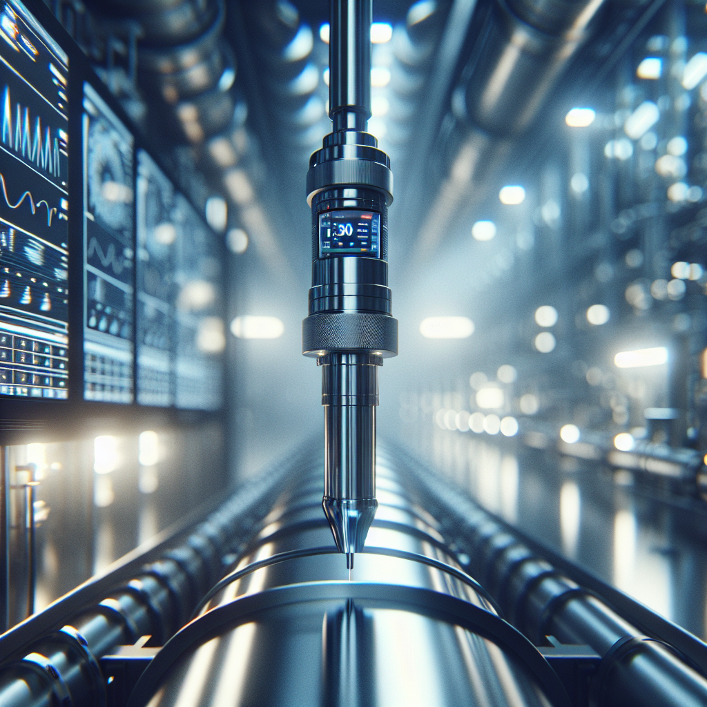 A cinematic, close-up shot of a sleek inline viscosity sensor probe installed inside a high-tech industrial pipeline, surrounded by softly glowing control panels displaying dynamic data streams, set in a modern automated factory environment with subtle reflections highlighting advanced manufacturing technology.