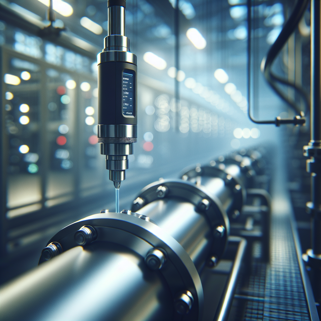 A cinematic close-up of a sleek, modern inline viscosity sensor installed on a stainless steel industrial pipeline, with blurred factory automation equipment and soft ambient lighting in the background, evoking advanced technology and precision in smart manufacturing.