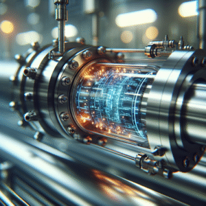 Close-up of a high-tech industrial viscosity sensor integrated into a stainless steel pipeline with glowing digital data overlays subtly reflected on polished surfaces, set against a modern automated factory environment softly lit with cool cinematic tones, conveying precision measurement and cutting-edge process control.