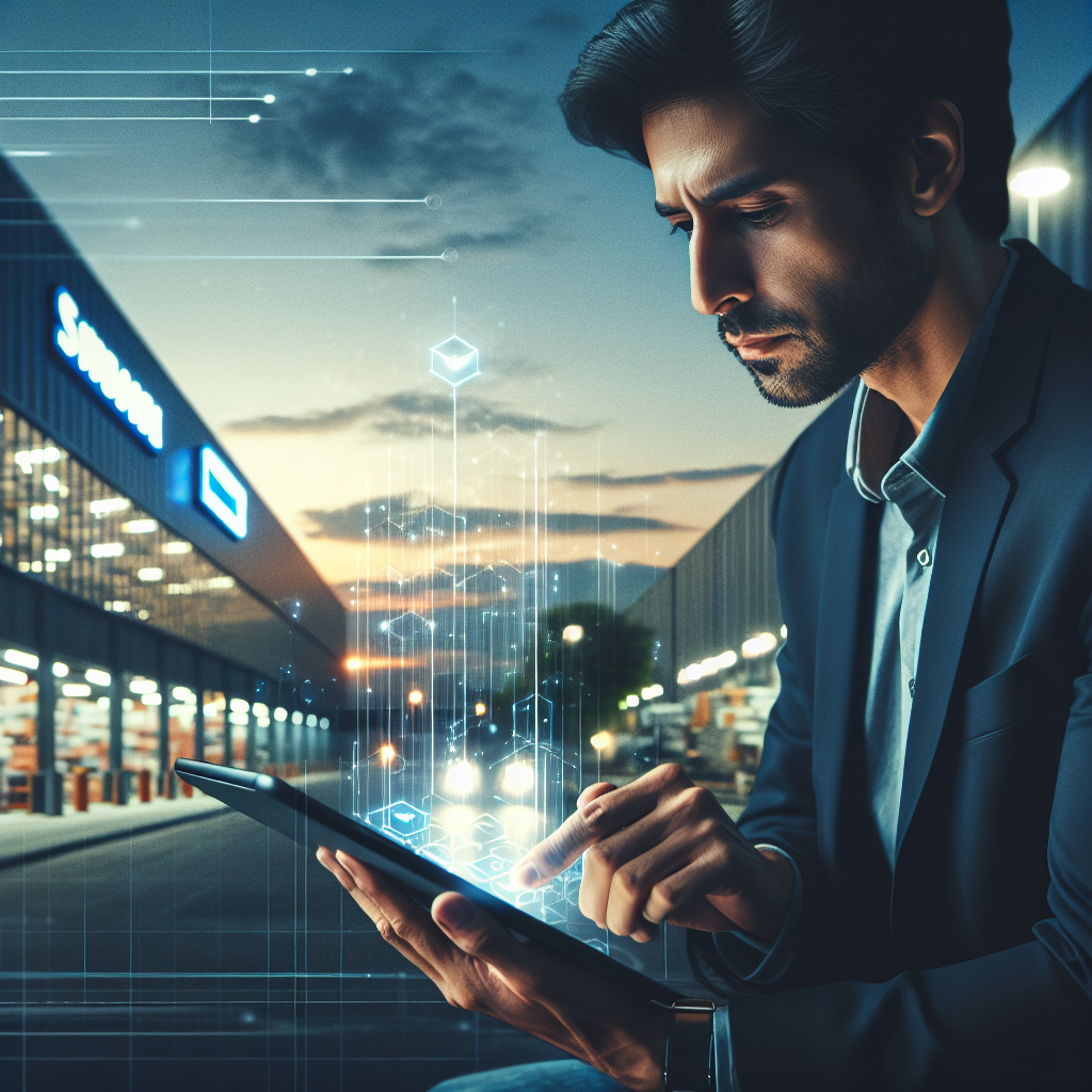 Cinematic editorial image of a thoughtful investor reviewing financial data on a digital tablet while a large Home Depot store softly glows in the background at dusk, with subtle futuristic AI-themed graphical overlays subtly integrated into the scene to convey technology and cautious optimism.