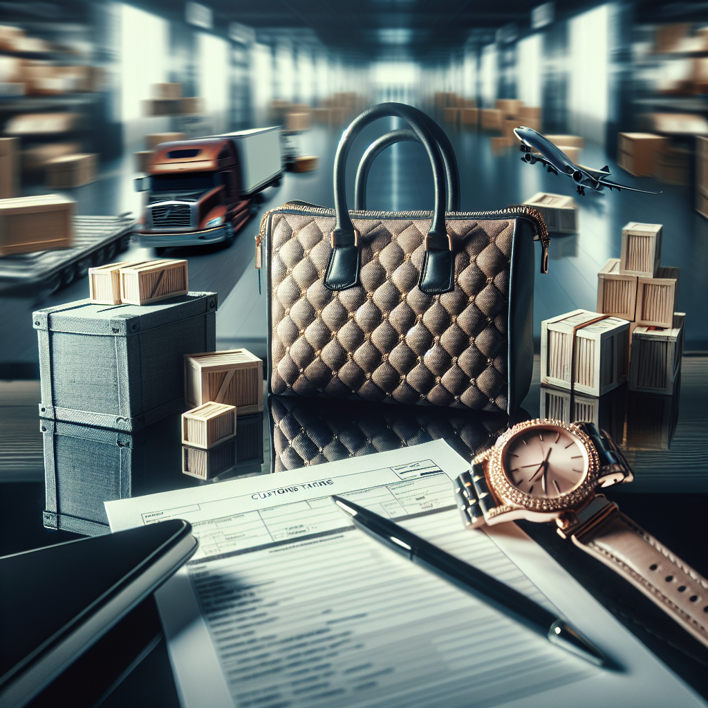 A cinematic editorial photo of a stylish luxury handbag and elegant wristwatch displayed on a sleek table, subtly juxtaposed with shipping crates and customs paperwork blurred in the background, symbolizing the impact of global trade tariffs on premium brands.
