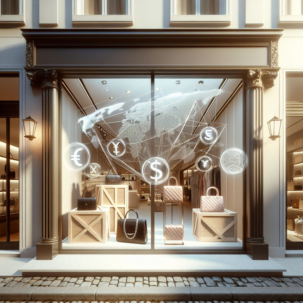 A cinematic editorial image of a sleek luxury boutique storefront with high-end designer handbags and accessories displayed elegantly in large windows, framed by a subtle overlay of global shipping crates and international currency symbols in soft focus, capturing the complex impact of tariffs on global luxury brand commerce.