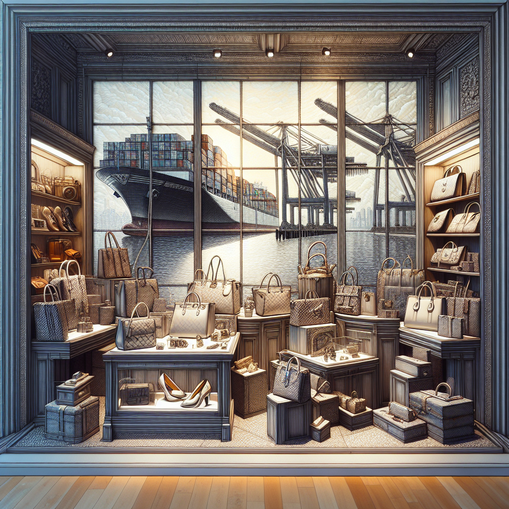 A cinematic editorial image showing a high-end luxury store window display featuring elegant handbags, watches, and accessories with subtle visual hints of international trade—such as a blurred background of shipping containers or cargo cranes—capturing the tension between exclusivity and global commerce.