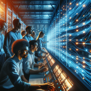 A cinematic editorial image of a high-tech industrial automation control room with engineers monitoring advanced Ethernet networking equipment and illuminated data cables seamlessly connecting smart factory machines under dynamic blue and orange lighting.