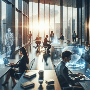 A sleek modern office environment where diverse professionals collaborate seamlessly around high-tech Dell laptops and AI-driven holographic interfaces, bathed in soft natural light with a cinematic depth of field emphasizing innovation and business efficiency.