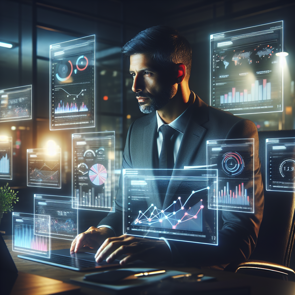 A cinematic editorial image of a focused digital marketer analyzing multiple transparent floating data screens displaying colorful keyword graphs and competitor metrics in a modern, dimly lit office environment, evoking deep strategic content planning and insight discovery.