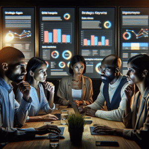 A cinematic editorial photo of a focused marketing team analyzing digital keyword data on multiple sleek screens in a modern office, with a dimly lit atmosphere highlighting charts, graphs, and competitive insights to portray strategic gap analysis unlocking content growth.