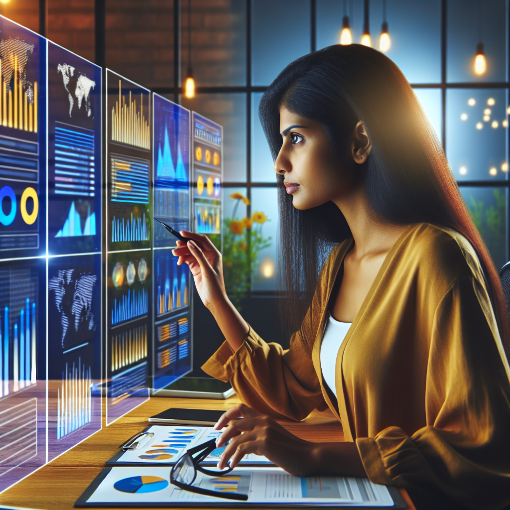 A focused digital marketing professional analyzing colorful SEO data and charts on multiple transparent screens in a modern office with dynamic lighting, conveying strategic growth through keyword gap analysis.