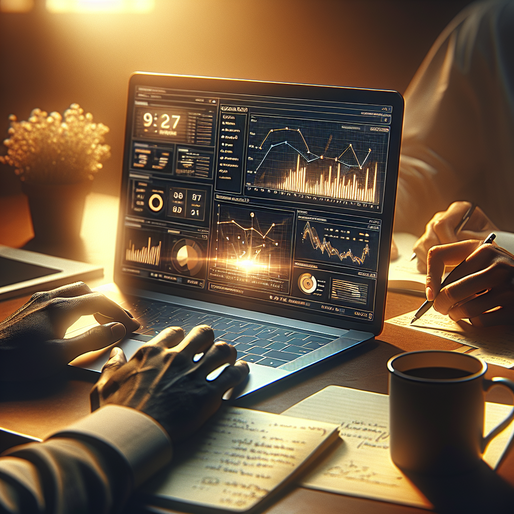 A dramatic, cinematic close-up of a professional workspace featuring a sleek laptop displaying complex charts and keyword analysis graphs, surrounded by notes and coffee, with warm natural light highlighting focused hands interacting with the data, conveying strategic digital growth and competitive analysis.